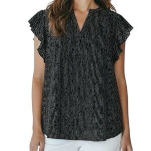 NWT ADRIANNA PAPELL Black & White Striped Flutter Short Sleeve Blouse Size Large